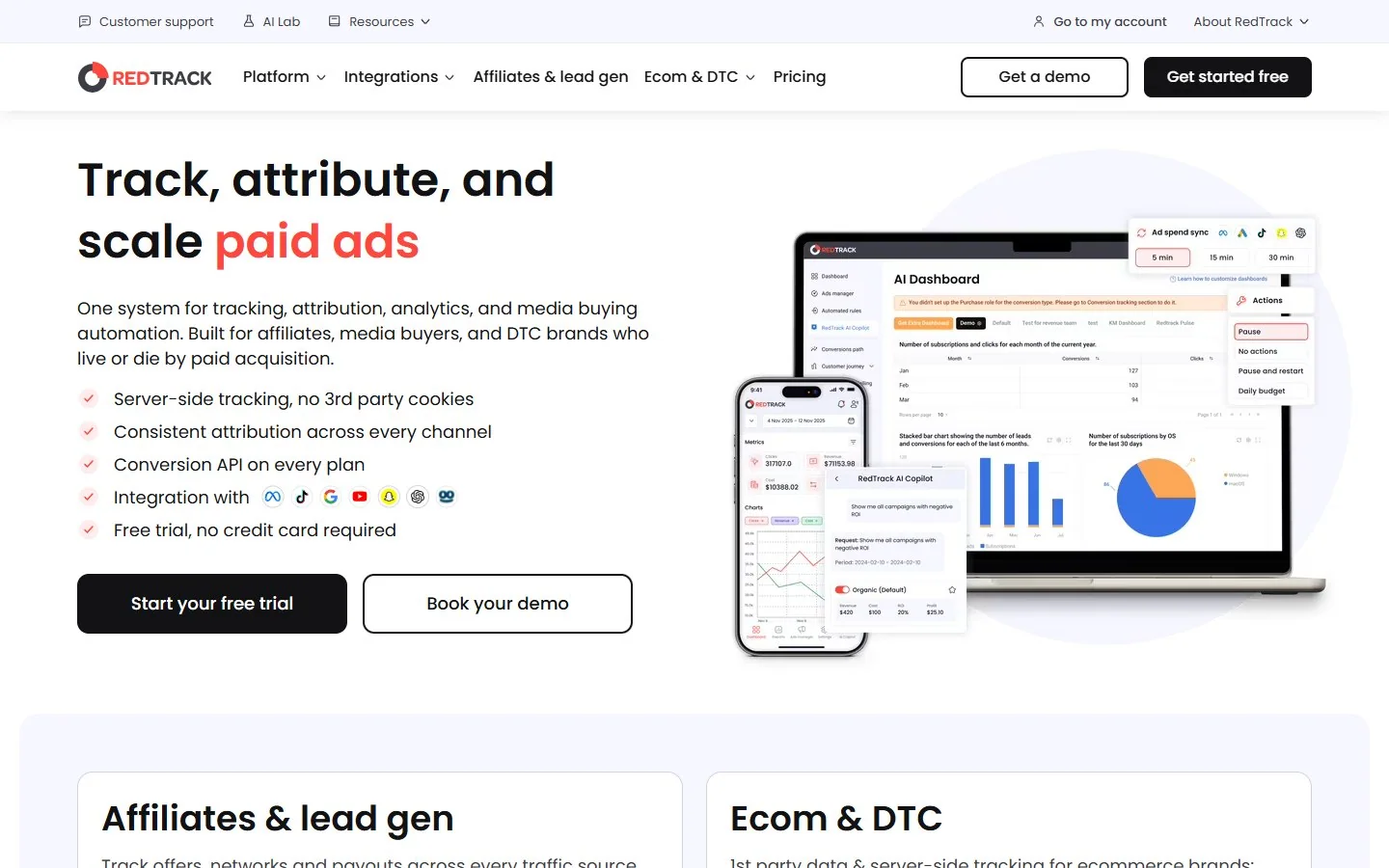 Главная страница RedTrack с изображением ИИ-дашборда и мобильного приложения трекера