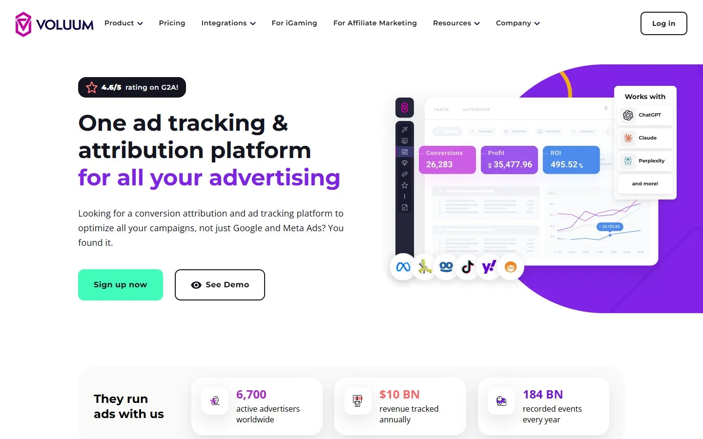Главная страница Voluum: платформа трекинга и атрибуции рекламы с изображением дашборда конверсий, прибыли и ROI