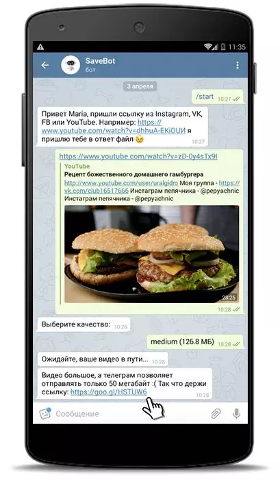 Пришлите боту ссылку на Youtube видео и нажмите скачать
